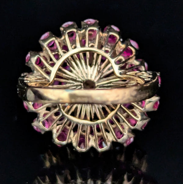 Vintage Pink Fuschia Sapphires 10k Yellow Gold Cocktail Harem Cluster Ring Estate 