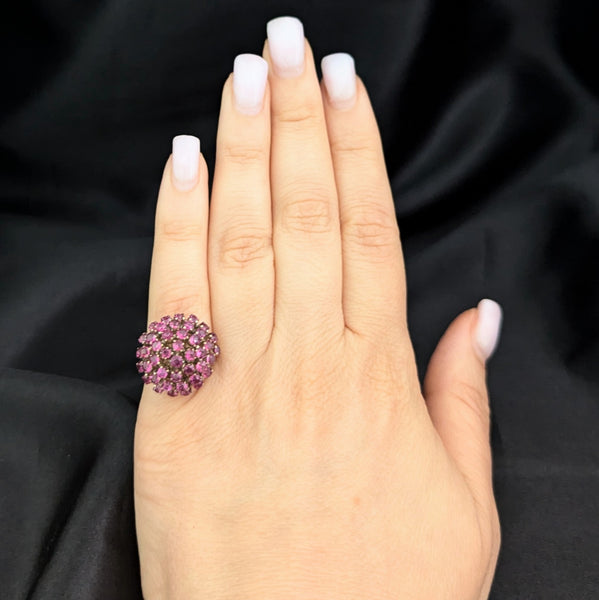 Vintage Pink Fuschia Sapphires 10k Yellow Gold Cocktail Harem Cluster Ring Estate 
