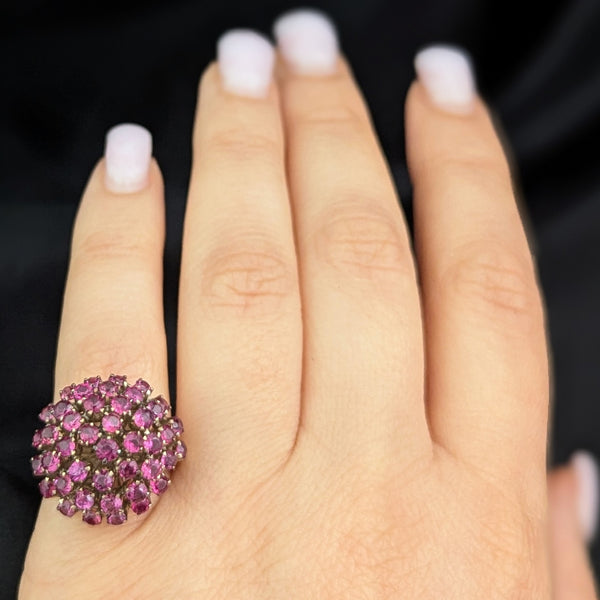 Vintage Pink Fuschia Sapphires 10k Yellow Gold Cocktail Harem Cluster Ring Estate 