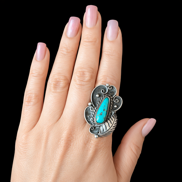 Vintage Ray Tafoya RT Native American Turquoise Sterling Silver Large Ring Gift