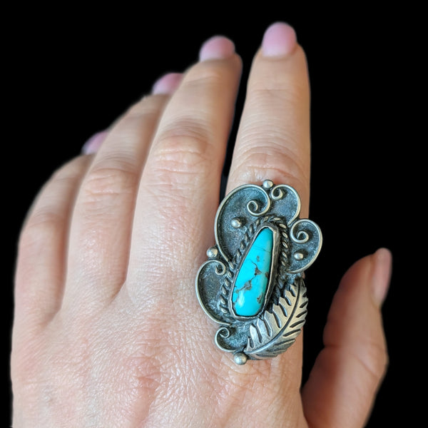Vintage Ray Tafoya RT Native American Turquoise Sterling Silver Large Ring Gift