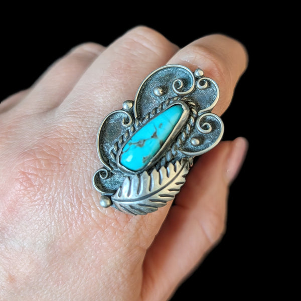 Vintage Ray Tafoya RT Native American Turquoise Sterling Silver Large Ring Gift