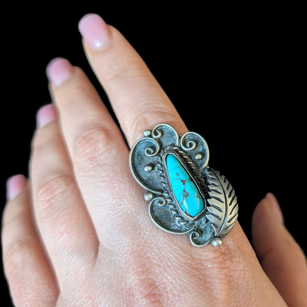 Vintage Ray Tafoya RT Native American Turquoise Sterling Silver Large Ring Gift