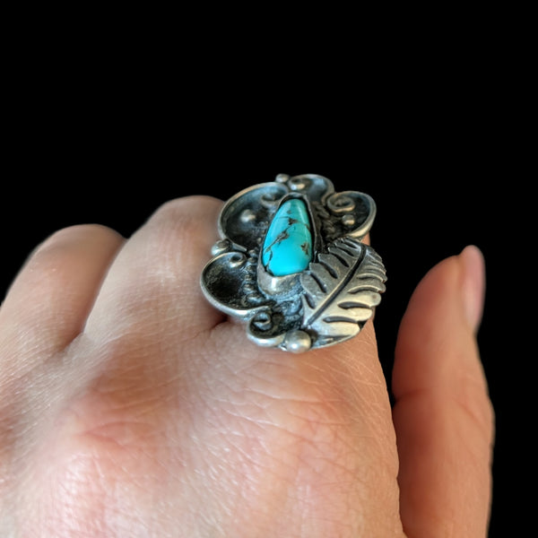 Vintage Ray Tafoya RT Native American Turquoise Sterling Silver Large Ring Gift