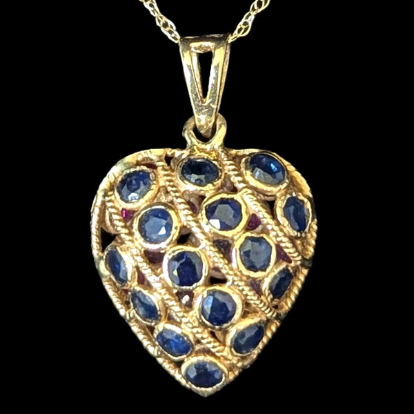 Vintage REVERSIBLE Sapphires  to Rubies 14k Yellow Gold Heart Pendant Necklace