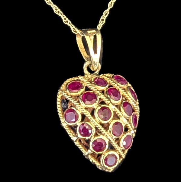 Vintage REVERSIBLE Sapphires  to Rubies 14k Yellow Gold Heart Pendant Necklace