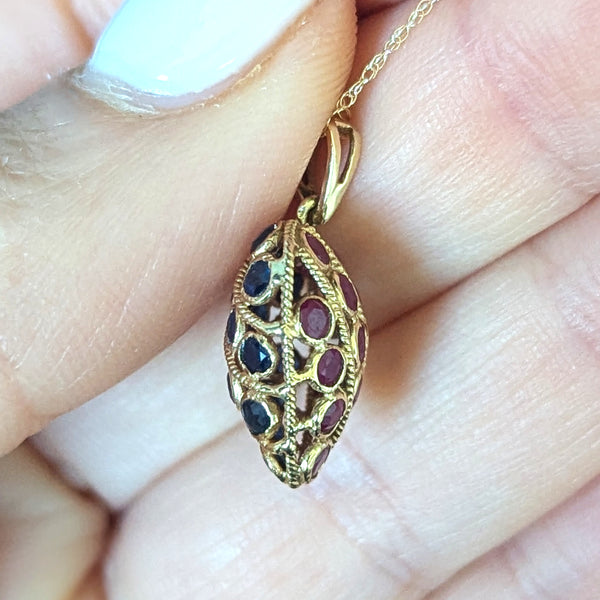 Vintage REVERSIBLE Sapphires  to Rubies 14k Yellow Gold Heart Pendant Necklace