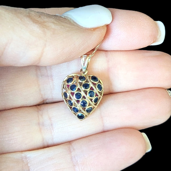 Vintage REVERSIBLE Sapphires  to Rubies 14k Yellow Gold Heart Pendant Necklace