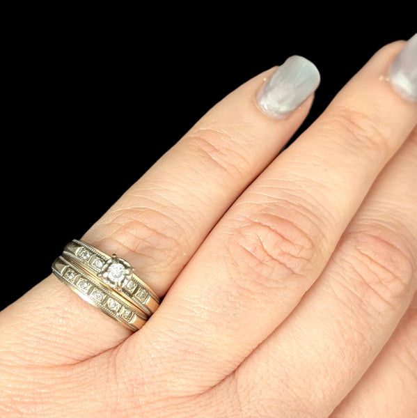 Vintage Ring Set Diamonds 10k Yellow Gold Engagement Ring Wedding Band Retro 