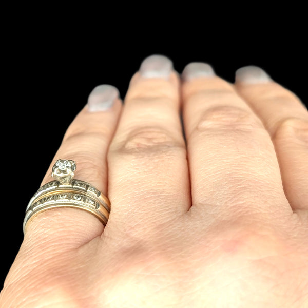 Vintage Ring Set Diamonds 10k Yellow Gold Engagement Ring Wedding Band Retro 