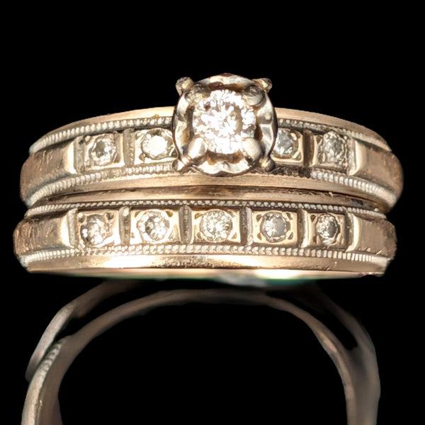 Vintage Ring Set Diamonds 10k Yellow Gold Engagement Ring Wedding Band Retro 