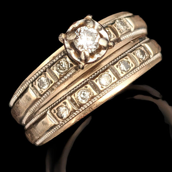 Vintage Ring Set Diamonds 10k Yellow Gold Engagement Ring Wedding Band Retro 
