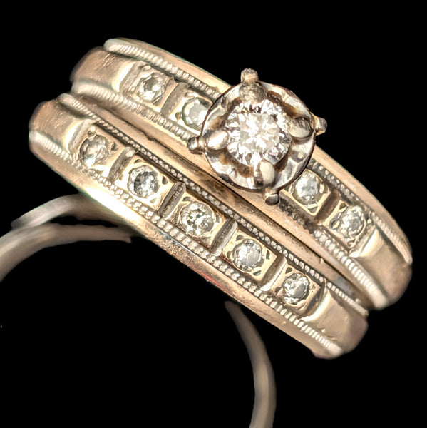Vintage Ring Set Diamonds 10k Yellow Gold Engagement Ring Wedding Band Retro 