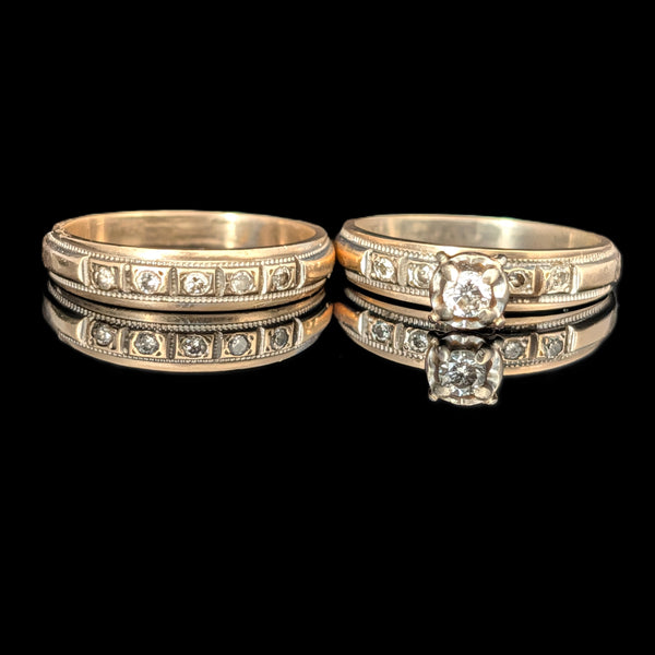 Vintage Ring Set Diamonds 10k Yellow Gold Engagement Ring Wedding Band Retro 