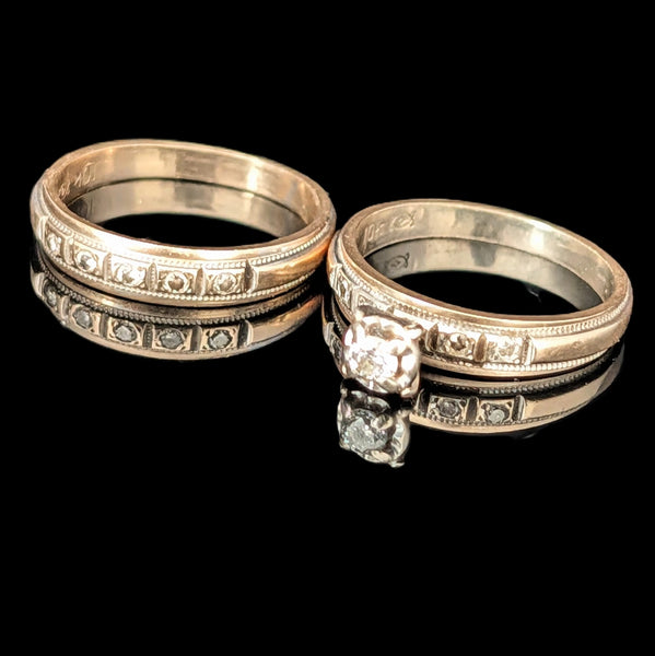 Vintage Ring Set Diamonds 10k Yellow Gold Engagement Ring Wedding Band Retro 