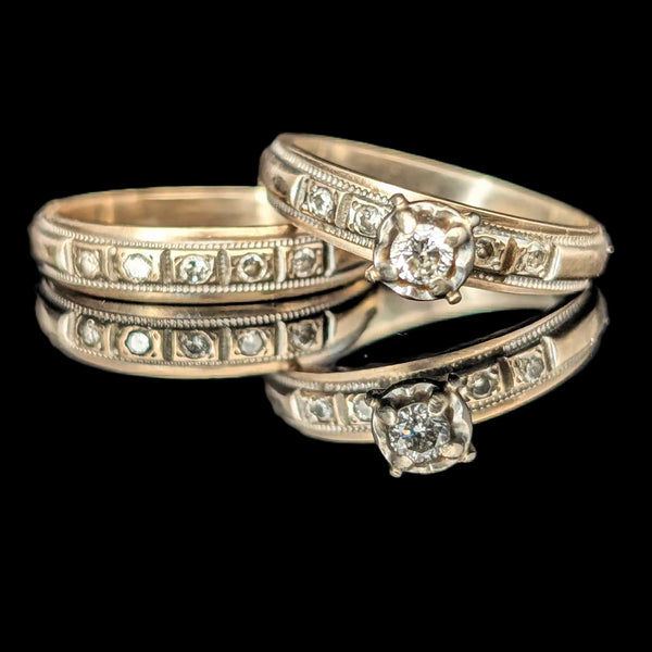 Vintage Ring Set Diamonds 10k Yellow Gold Engagement Ring Wedding Band Retro 