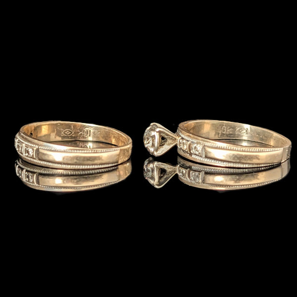 Vintage Ring Set Diamonds 10k Yellow Gold Engagement Ring Wedding Band Retro 