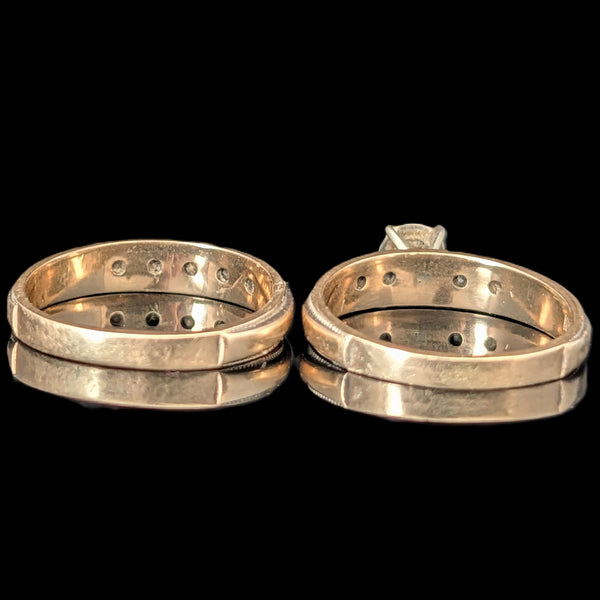 Vintage Ring Set Diamonds 10k Yellow Gold Engagement Ring Wedding Band Retro 
