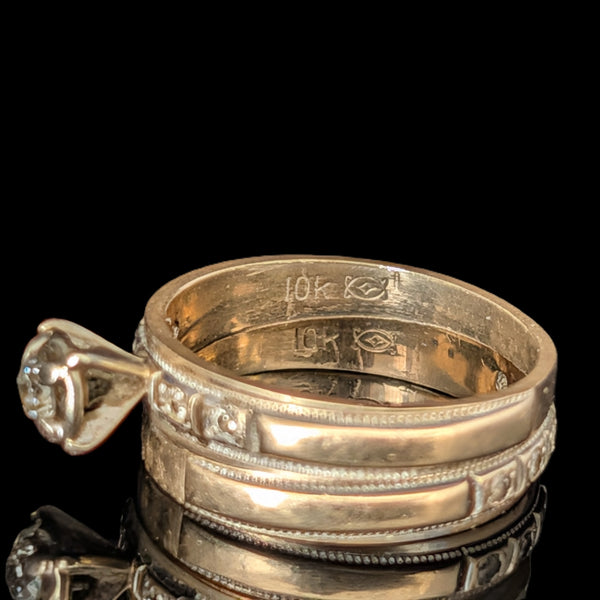 Vintage Ring Set Diamonds 10k Yellow Gold Engagement Ring Wedding Band Retro 