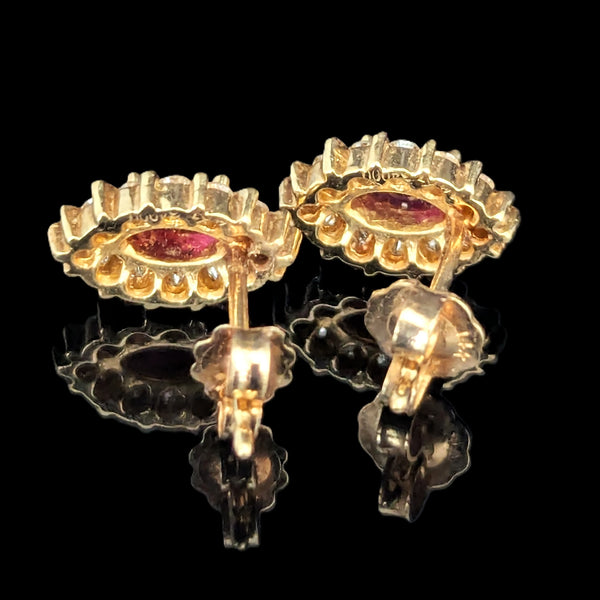 Vintage Rubies Diamonds 14k Yellow Gold Halo Navette Stud Earrings Marquise Cut 
