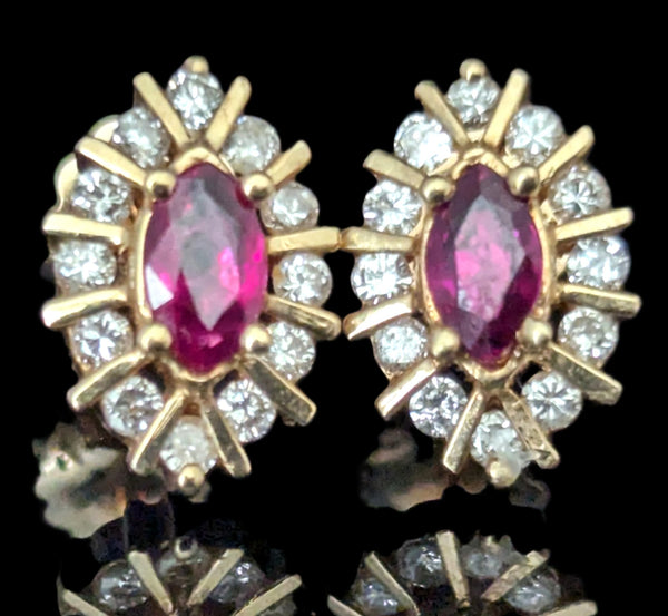 Vintage Rubies Diamonds 14k Yellow Gold Halo Navette Stud Earrings Marquise Cut 