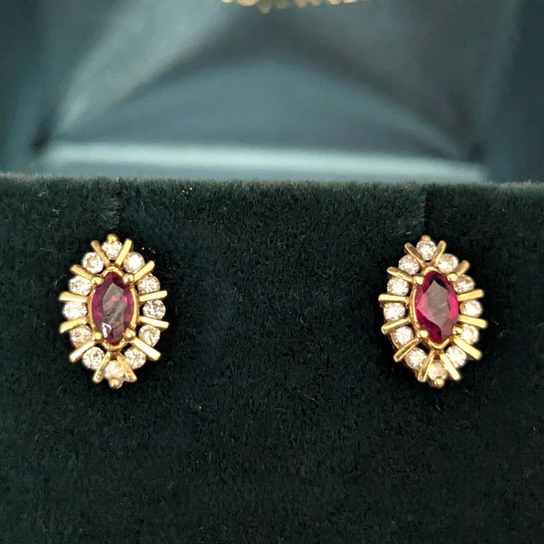 Vintage Rubies Diamonds 14k Yellow Gold Halo Navette Stud Earrings Marquise Cut 