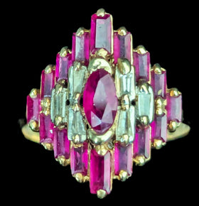 Vintage Rubies Diamonds 14k Yellow Gold Statement Ring Geometric Cluster Estate