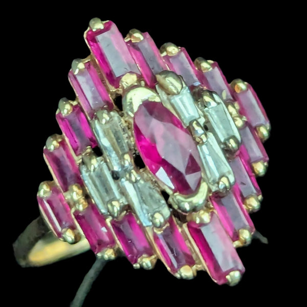 Vintage Rubies Diamonds 14k Yellow Gold Statement Ring Geometric Cluster Estate