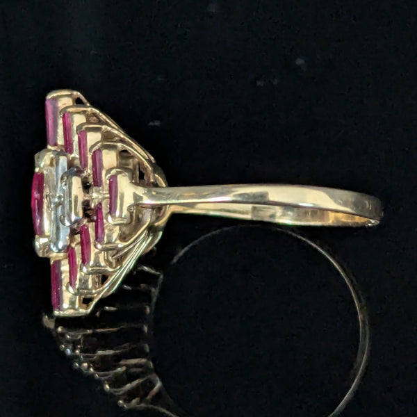 Vintage Rubies Diamonds 14k Yellow Gold Statement Ring Geometric Cluster Estate