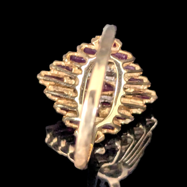 Vintage Rubies Diamonds 14k Yellow Gold Statement Ring Geometric Cluster Estate