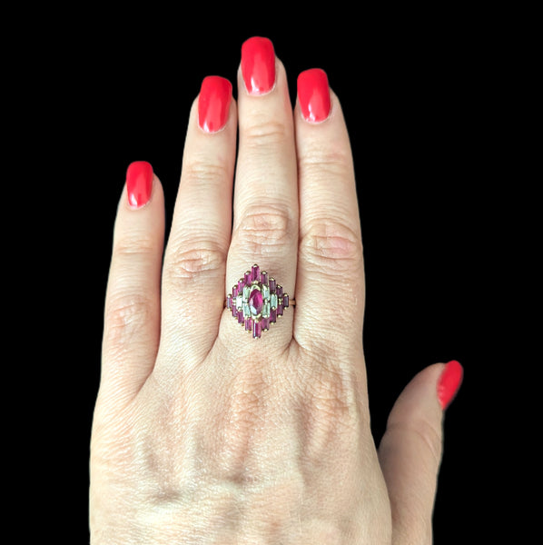 Vintage Rubies Diamonds 14k Yellow Gold Statement Ring Geometric Cluster Estate