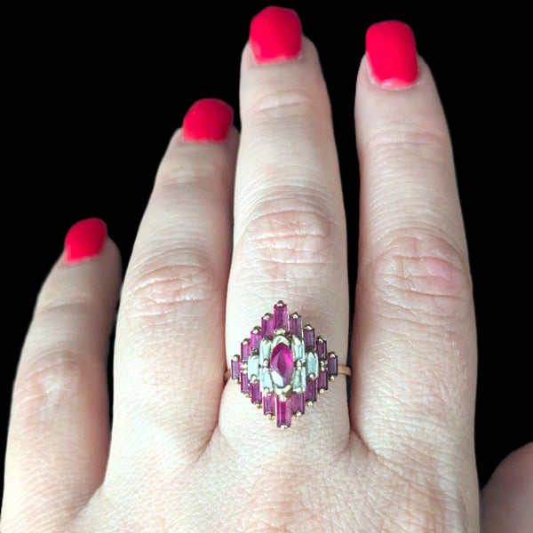 Vintage Rubies Diamonds 14k Yellow Gold Statement Ring Geometric Cluster Estate