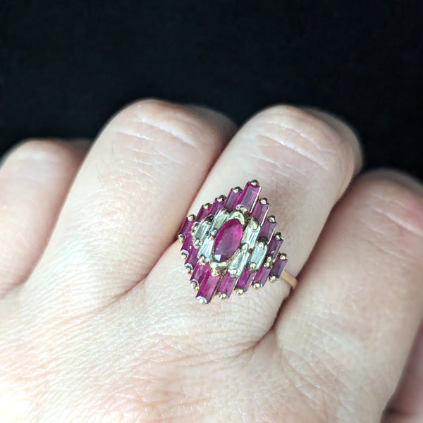 Vintage Rubies Diamonds 14k Yellow Gold Statement Ring Geometric Cluster Estate
