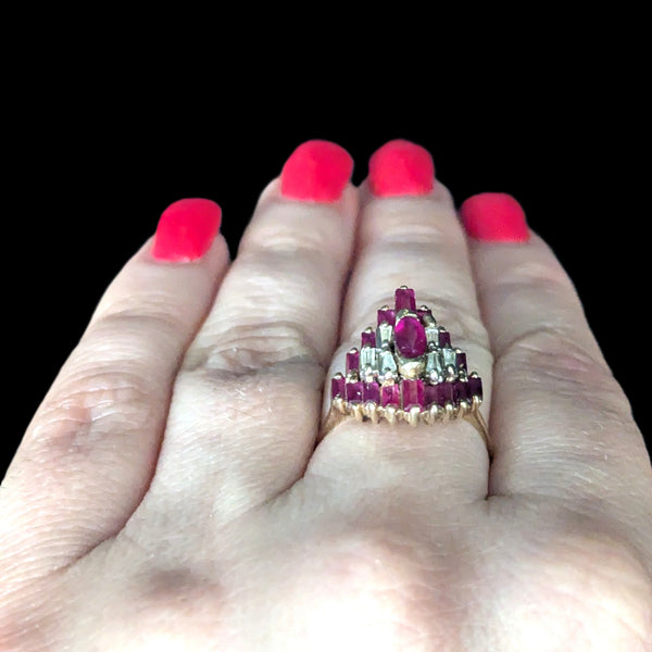 Vintage Rubies Diamonds 14k Yellow Gold Statement Ring Geometric Cluster Estate