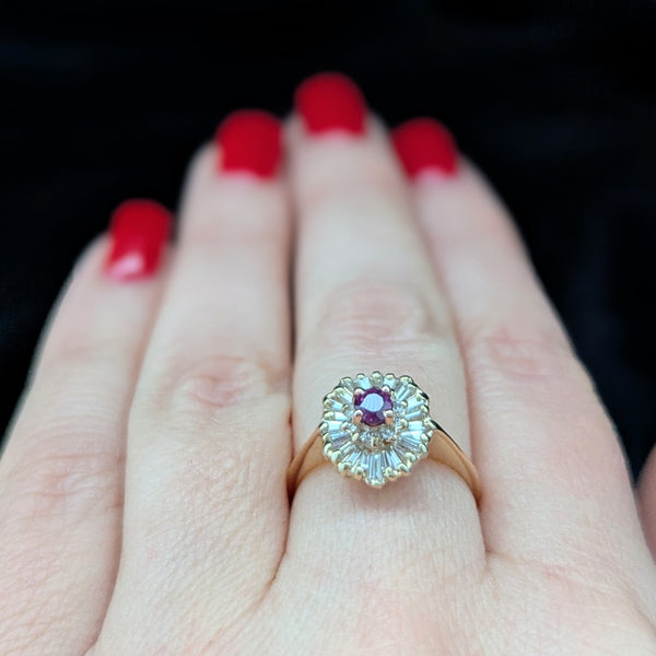 Vintage Ruby Diamonds 14k Yellow Gold Ballerina Ring Cluster Signed Exquisite