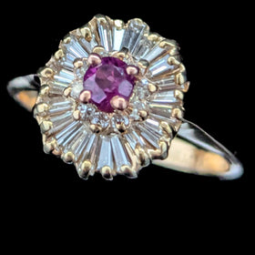 Vintage Ruby Diamonds 14k Yellow Gold Ballerina Ring Cluster Signed Exquisite