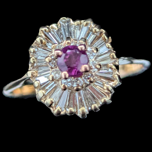 Vintage Ruby Diamonds 14k Yellow Gold Ballerina Ring Cluster Signed Exquisite