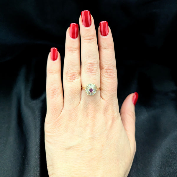 Vintage Ruby Diamonds 14k Yellow Gold Ballerina Ring Cluster Signed Exquisite