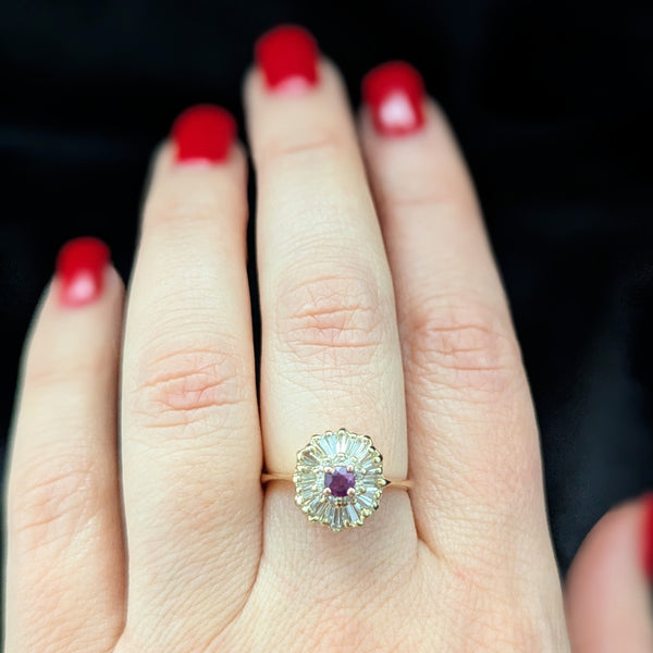 Vintage Ruby Diamonds 14k Yellow Gold Ballerina Ring Cluster Signed Exquisite