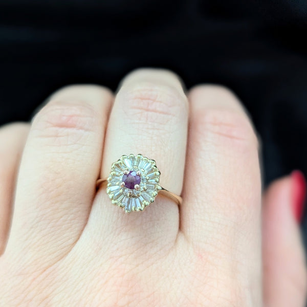 Vintage Ruby Diamonds 14k Yellow Gold Ballerina Ring Cluster Signed Exquisite