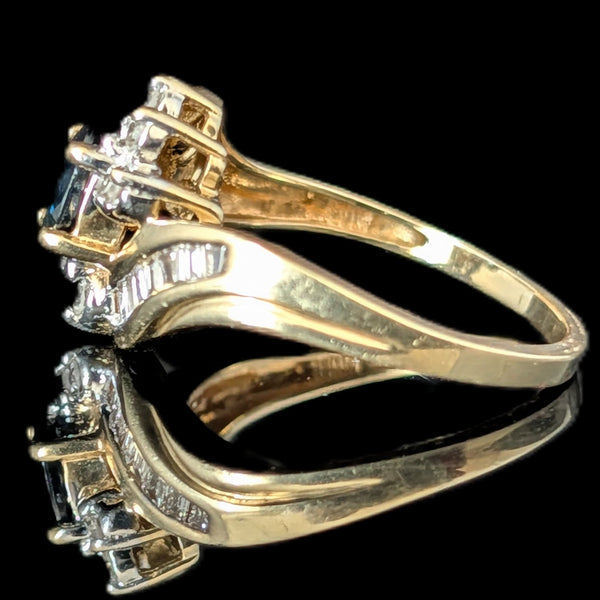 Vintage Sapphire Diamonds 10k Yellow Gold Baguette Round Cuts Ring Bypass Estate