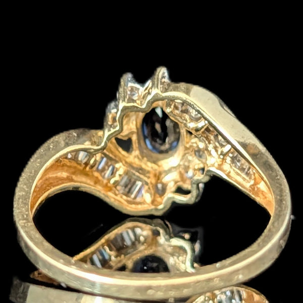 Vintage Sapphire Diamonds 10k Yellow Gold Baguette Round Cuts Ring Bypass Estate