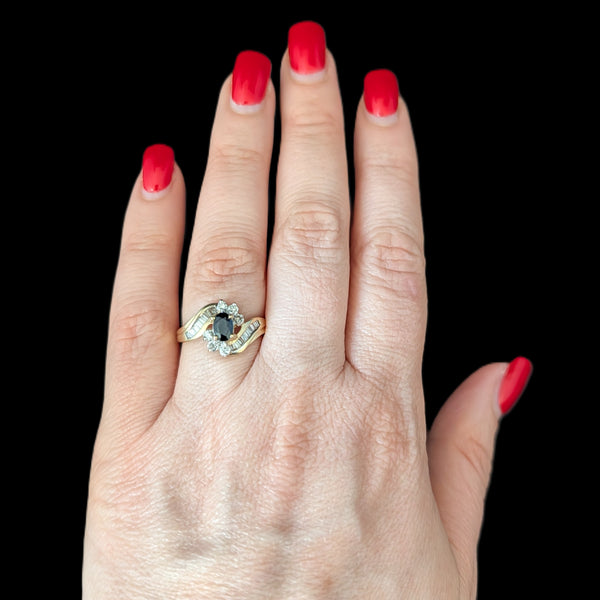 Vintage Sapphire Diamonds 10k Yellow Gold Baguette Round Cuts Ring Bypass Estate