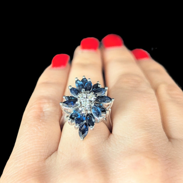 Vintage Sapphires Diamonds 14k White Gold Cocktail Ring Cluster Marquise Estate