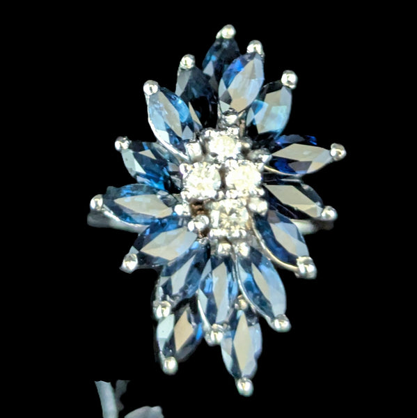 Vintage Sapphires Diamonds 14k White Gold Cocktail Ring Cluster Marquise Estate