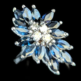 Vintage Sapphires Diamonds 14k White Gold Cocktail Ring Cluster Marquise Estate