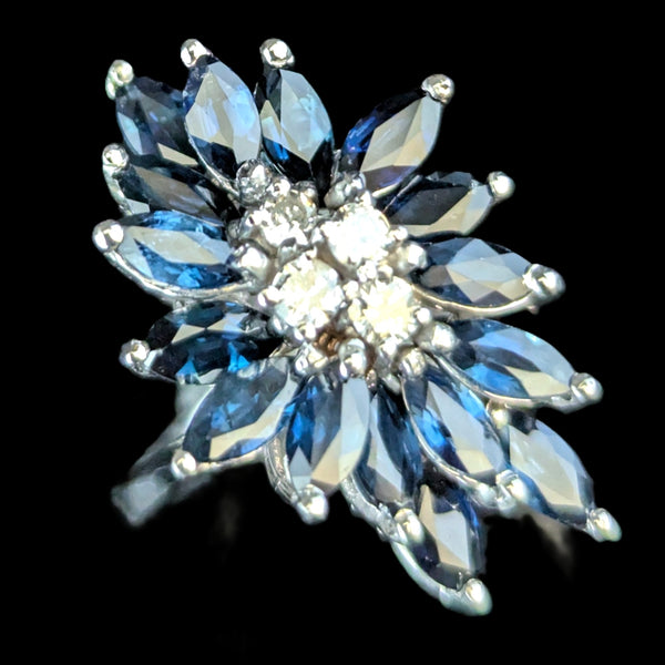 Vintage Sapphires Diamonds 14k White Gold Cocktail Ring Cluster Marquise Estate