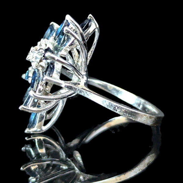 Vintage Sapphires Diamonds 14k White Gold Cocktail Ring Cluster Marquise Estate