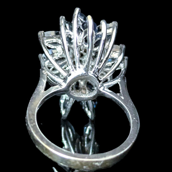 Vintage Sapphires Diamonds 14k White Gold Cocktail Ring Cluster Marquise Estate