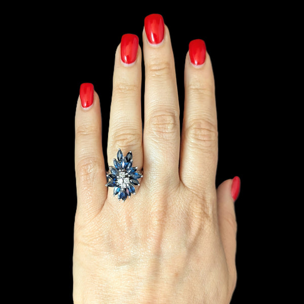 Vintage Sapphires Diamonds 14k White Gold Cocktail Ring Cluster Marquise Estate